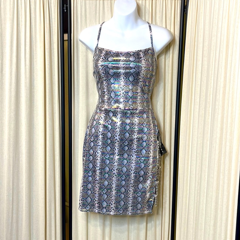 NWT- SHEIN SEXY HOLOGRAPHIC SNAKESKIN PRINT W/ RHINESTONES CHAIN EMBELLISHMENTS